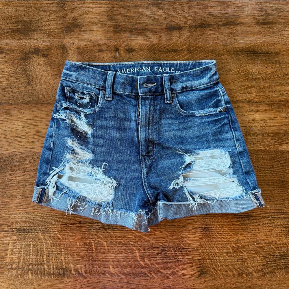 American Eagle Blue Jean Shorts, Dark blue distressed, size 00